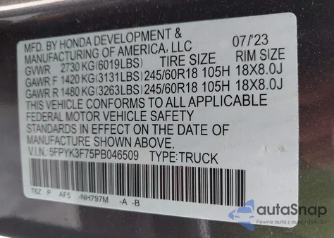 2023 Honda Ridgeline Rtl-E from USA, damaged, VIN 5FPYK3F75PB046509